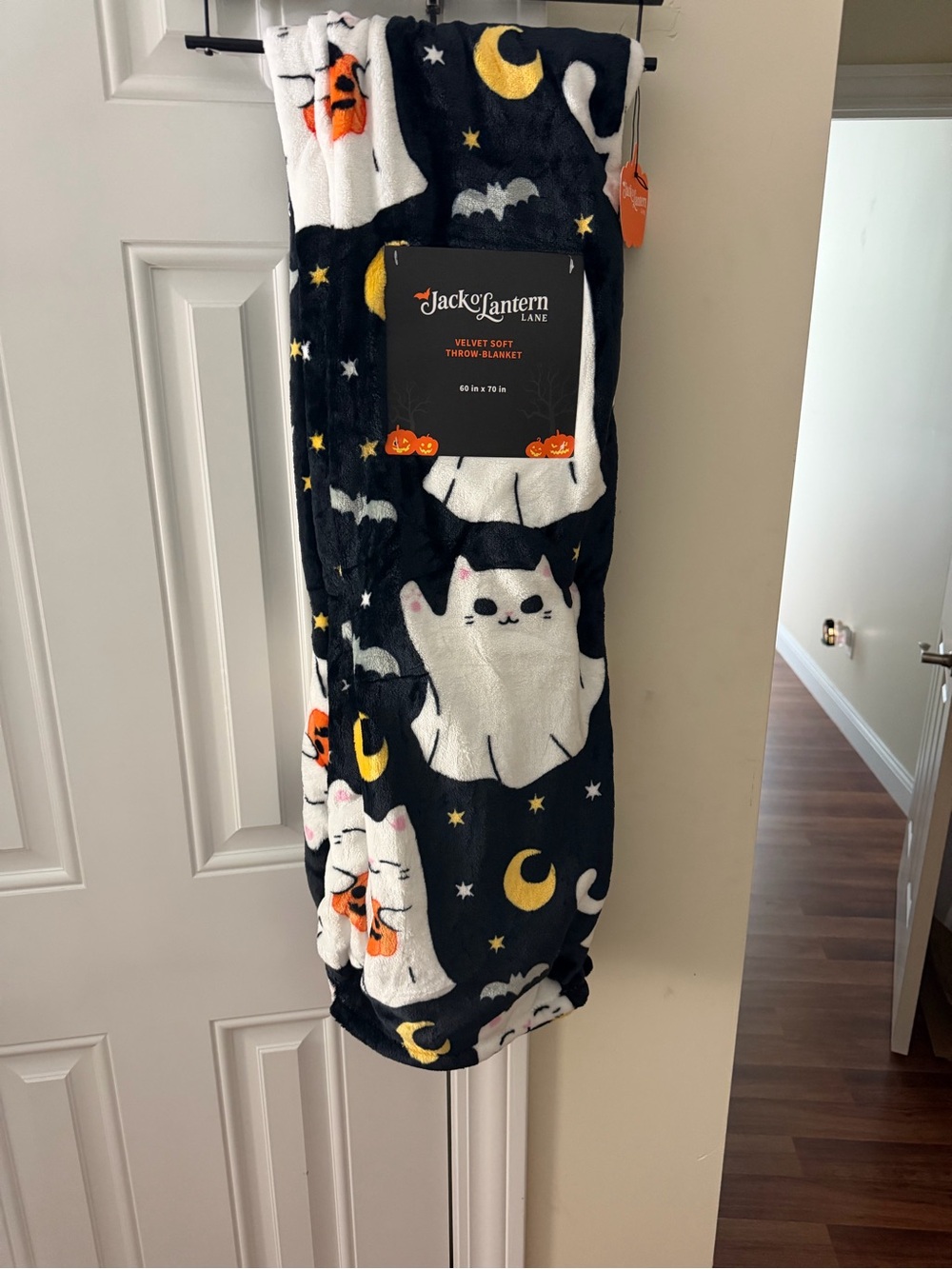 Jack O’Lantern Lane Halloween Velvet Soft Throw Blanket with Cat Ghosts & Bats